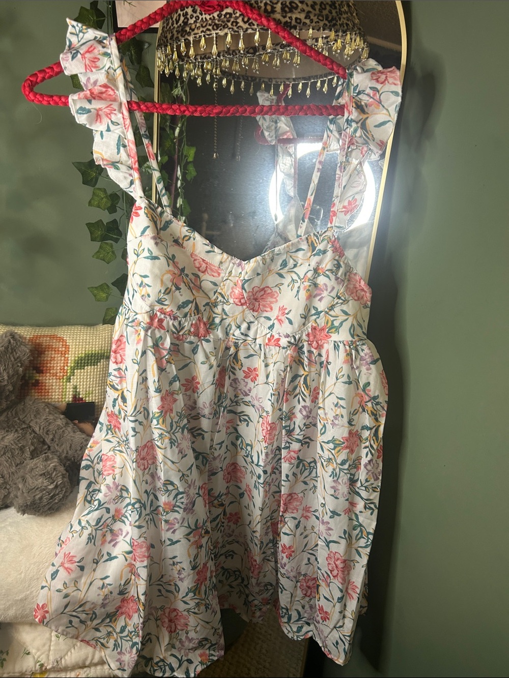 SHEIN White Floral Ruffle-Strap Mini Dress with Pink & Green Print